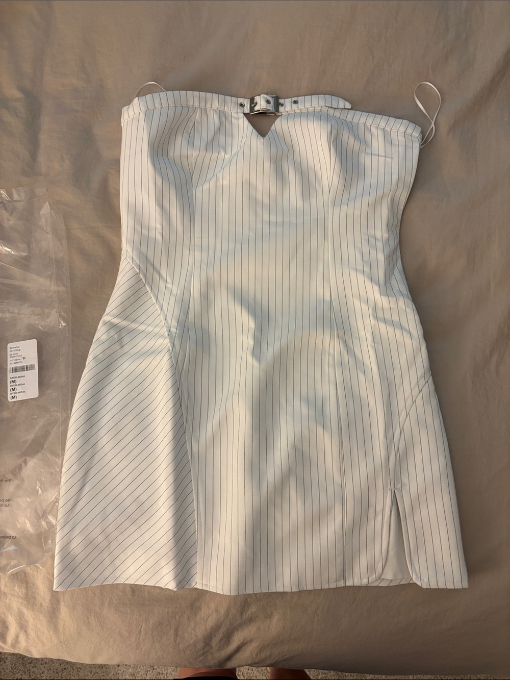 Strapless White Pinstripe Mini Dress with Buckle Detail